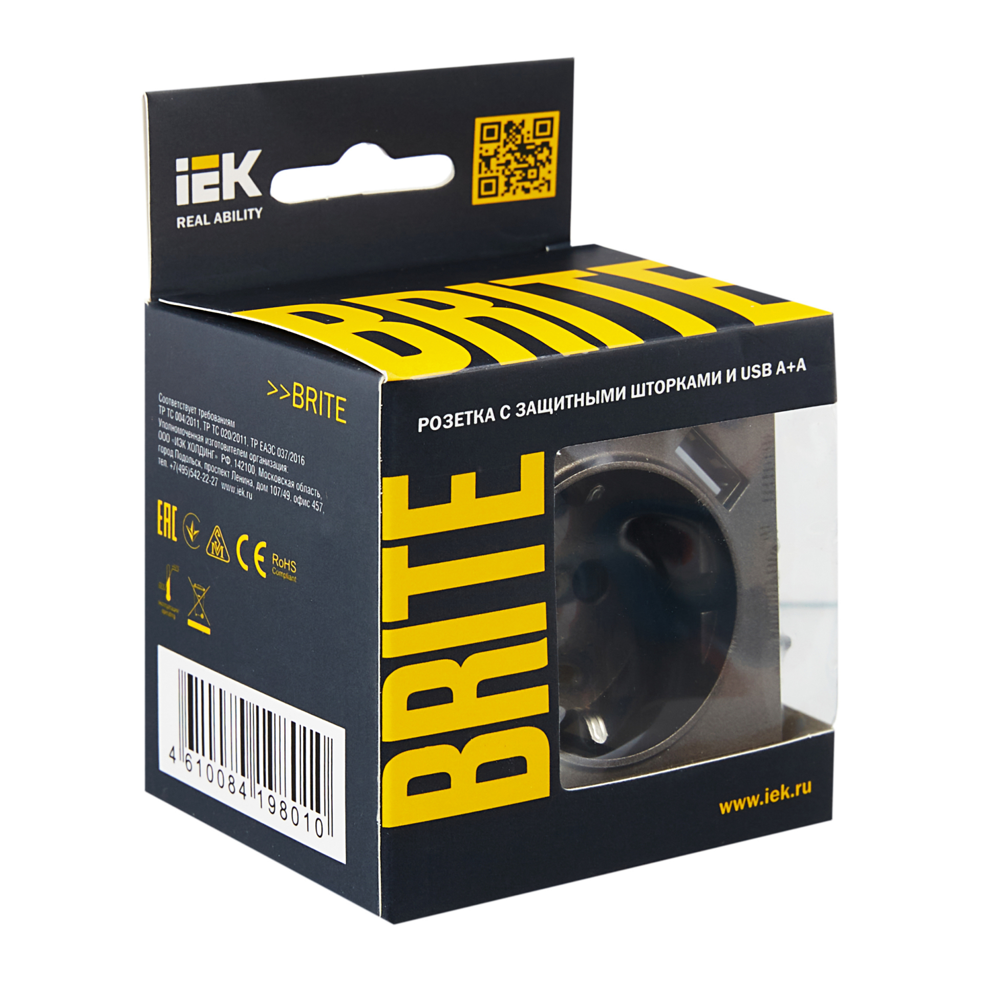 BRITE Розетка 1-местная с заземлением с защитными шторками 16А с USB A+A 5В 2,1А РЮш10-1-БрТБ темная бронза IEK