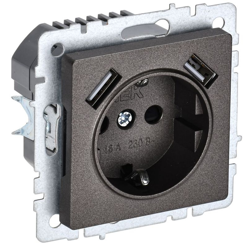 BRITE Розетка 1-местная с заземлением с защитными шторками 16А с USB A+A 5В 2,1А РЮш10-1-БрТБ темная бронза IEK