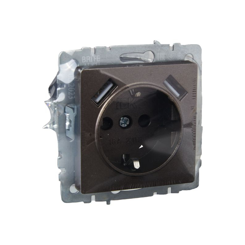 BRITE Розетка 1-местная с заземлением с защитными шторками 16А с USB A+A 5В 2,1А РЮш10-1-БрТБ темная бронза IEK