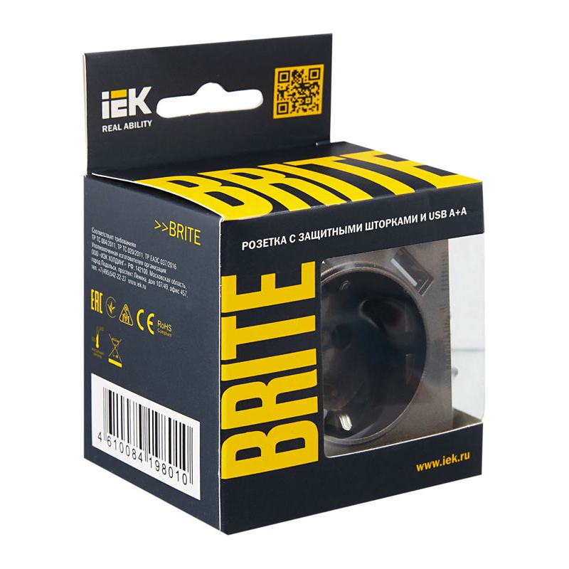 BRITE Розетка 1-местная с заземлением с защитными шторками 16А с USB A+A 5В 2,1А РЮш10-1-БрТБ темная бронза IEK