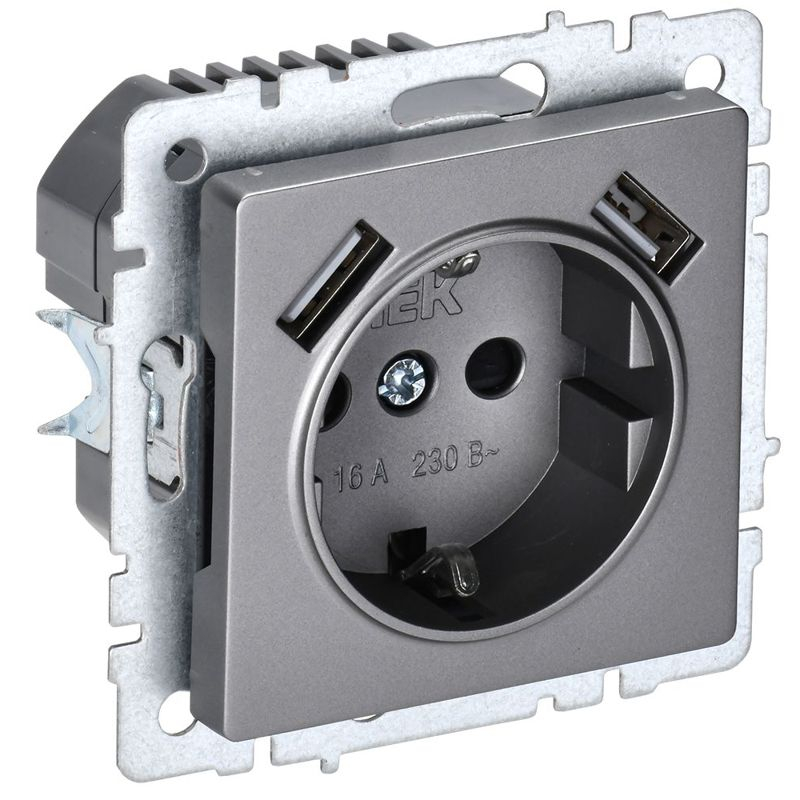 BRITE Розетка 1-местная с заземлением с защитными шторками 16А с USB A+A 5В 2,1А РЮш10-1-БрС сталь IEK