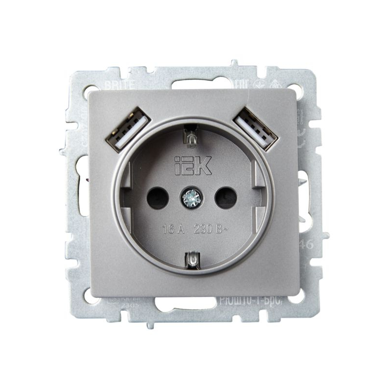 BRITE Розетка 1-местная с заземлением с защитными шторками 16А с USB A+A 5В 2,1А РЮш10-1-БрС сталь IEK