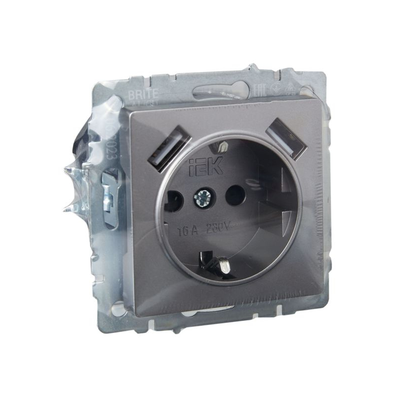BRITE Розетка 1-местная с заземлением с защитными шторками 16А с USB A+A 5В 2,1А РЮш10-1-БрС сталь IEK
