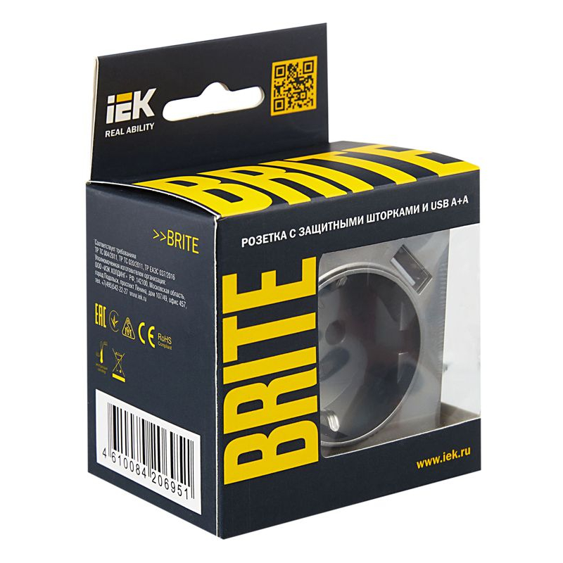 BRITE Розетка 1-местная с заземлением с защитными шторками 16А с USB A+A 5В 2,1А РЮш10-1-БрС сталь IEK