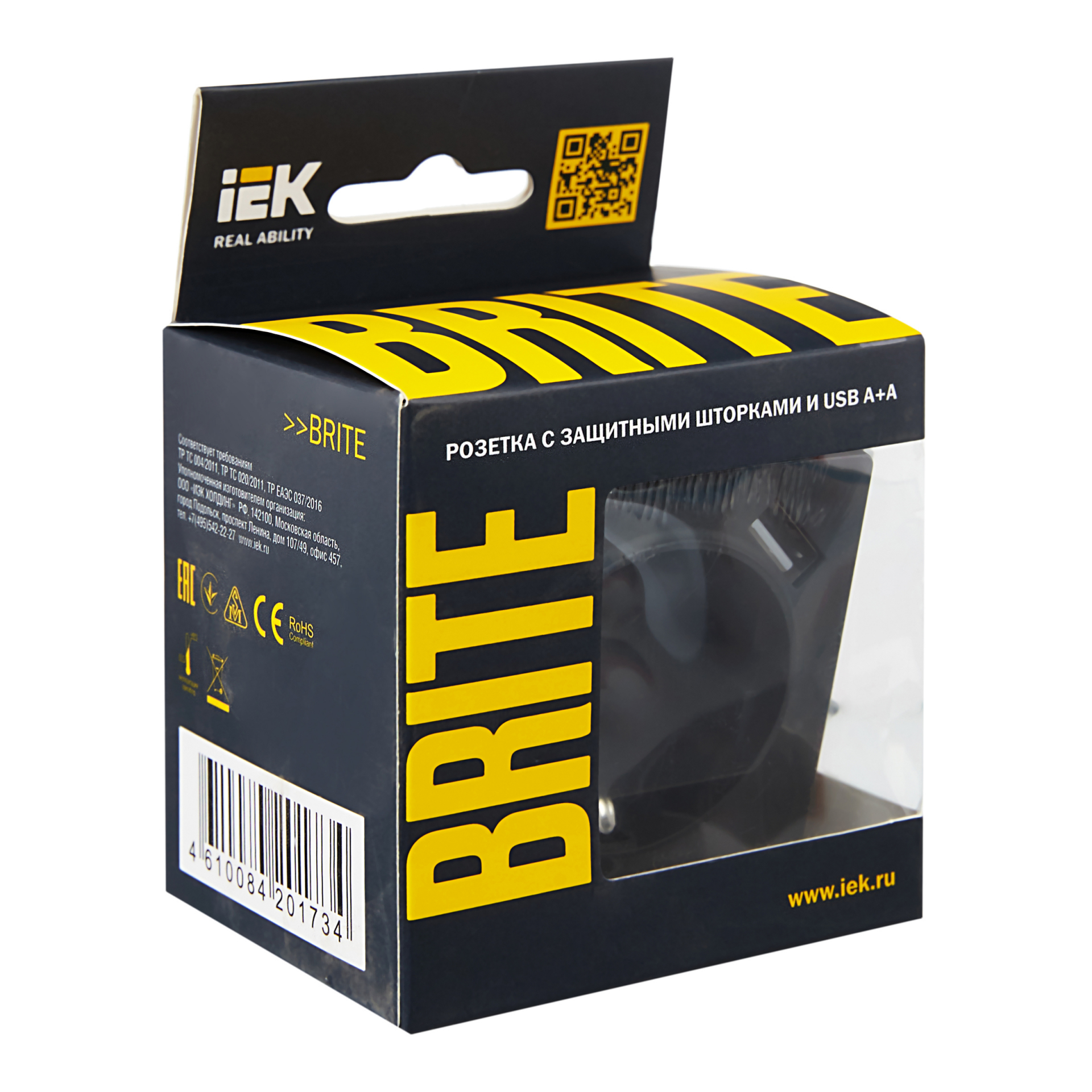 BRITE Розетка 1-местная с заземлением с защитными шторками 16А с USB A+A 5В 2,1А РЮш10-1-БрГ графит IEK