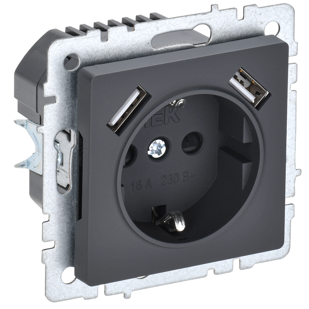 BRITE Розетка 1-местная с заземлением с защитными шторками 16А с USB A+A 5В 2,1А РЮш10-1-БрГ графит IEK