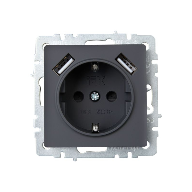 BRITE Розетка 1-местная с заземлением с защитными шторками 16А с USB A+A 5В 2,1А РЮш10-1-БрГ графит IEK