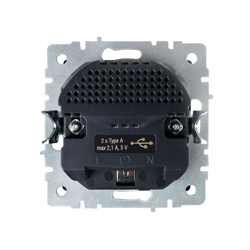 BRITE Розетка 1-местная с заземлением с защитными шторками 16А с USB A+A 5В 2,1А РЮш10-1-БрГ графит IEK