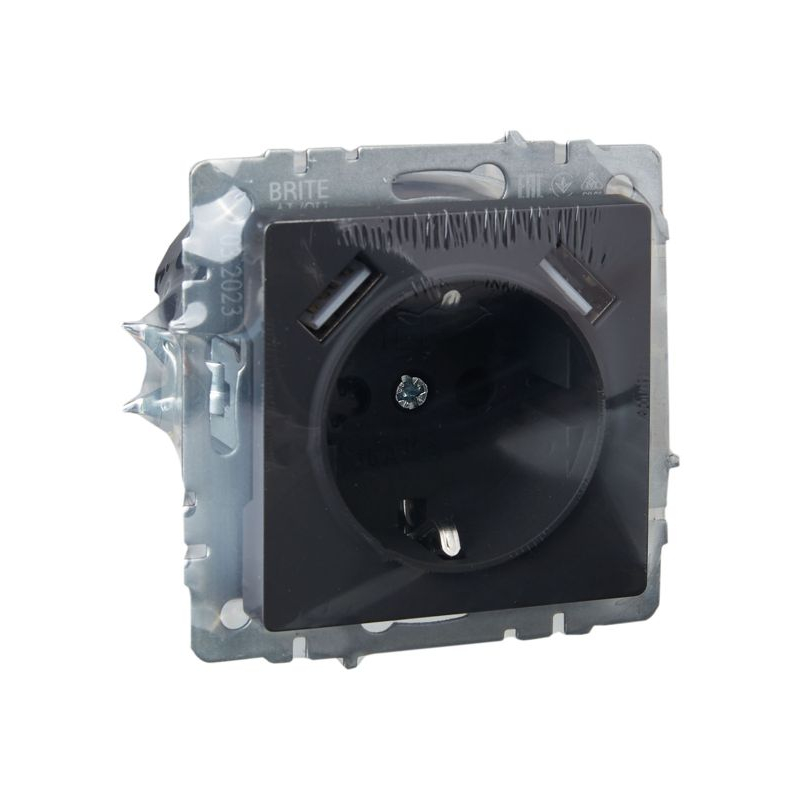 BRITE Розетка 1-местная с заземлением с защитными шторками 16А с USB A+A 5В 2,1А РЮш10-1-БрГ графит IEK