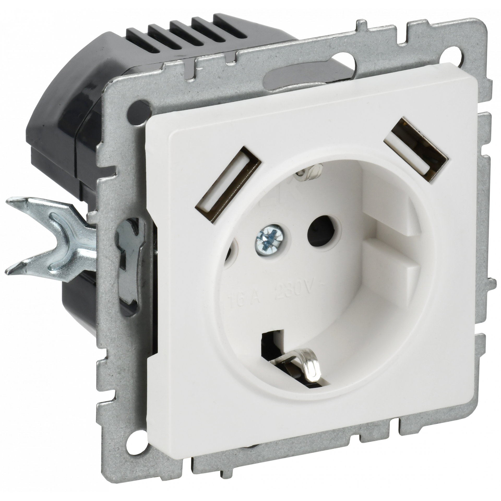 BRITE Розетка 1-местная с заземлением с защитными шторками 16А с USB A+A 5В 2,1А РЮш10-1-БрАБ арктический белый IEK