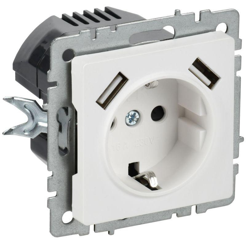 BRITE Розетка 1-местная с заземлением с защитными шторками 16А с USB A+A 5В 2,1А РЮш10-1-БрАБ арктический белый IEK