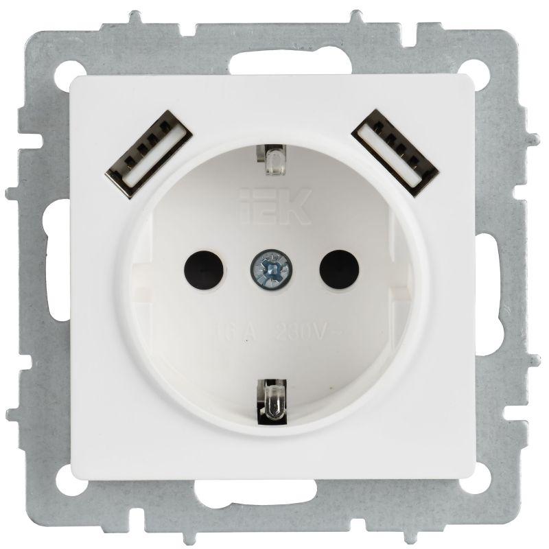 BRITE Розетка 1-местная с заземлением с защитными шторками 16А с USB A+A 5В 2,1А РЮш10-1-БрАБ арктический белый IEK