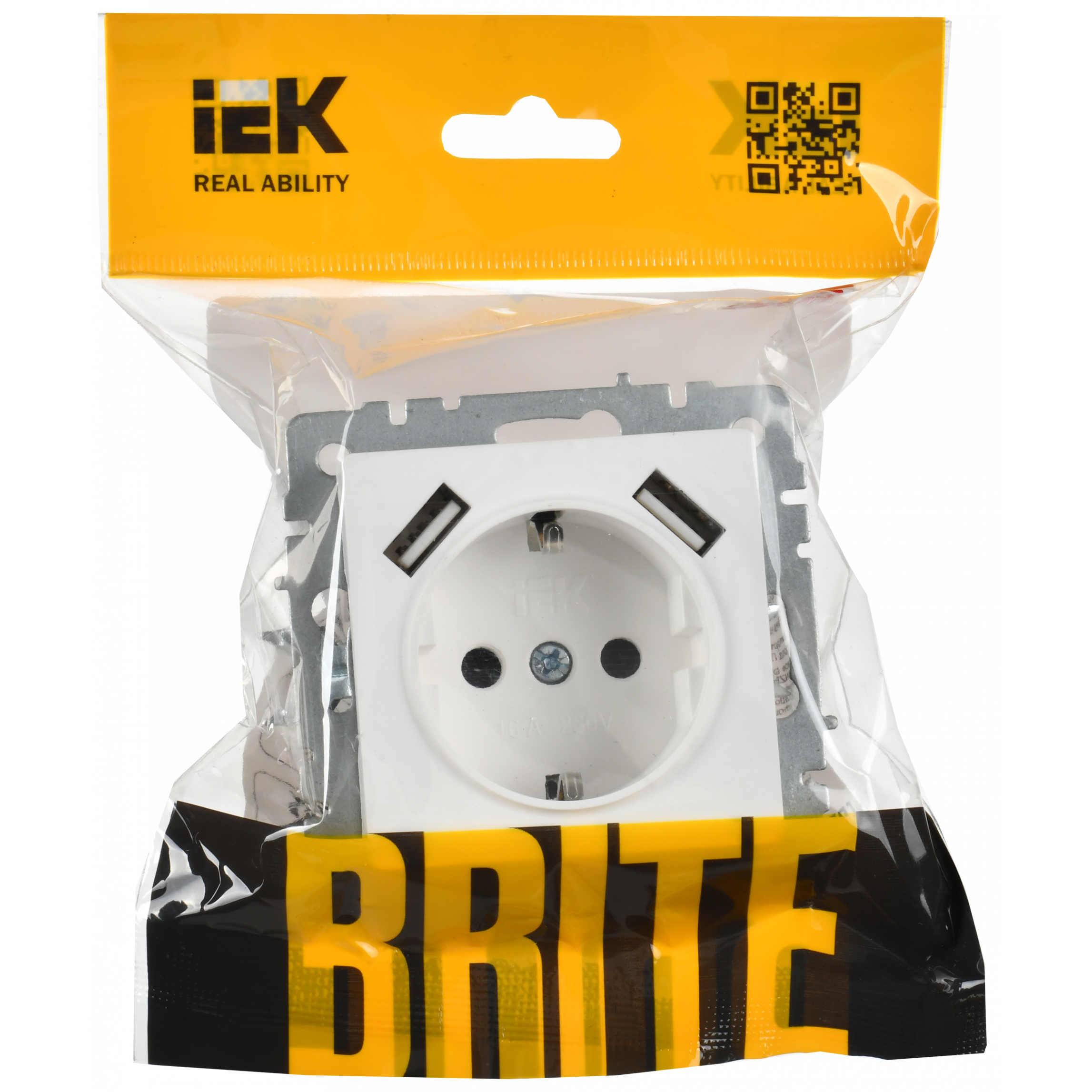 BRITE Розетка 1-местная с заземлением с защитными шторками 16А с USB A+A 5В 3,1А РЮш10-2-БрАБ арктический белый IEK