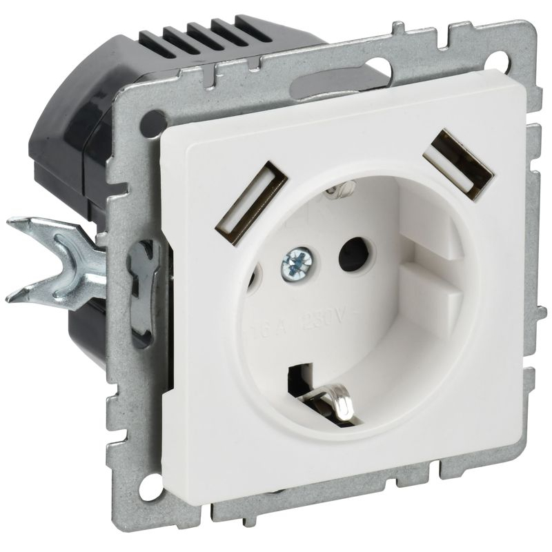 BRITE Розетка 1-местная с заземлением с защитными шторками 16А с USB A+A 5В 3,1А РЮш10-2-БрАБ арктический белый IEK