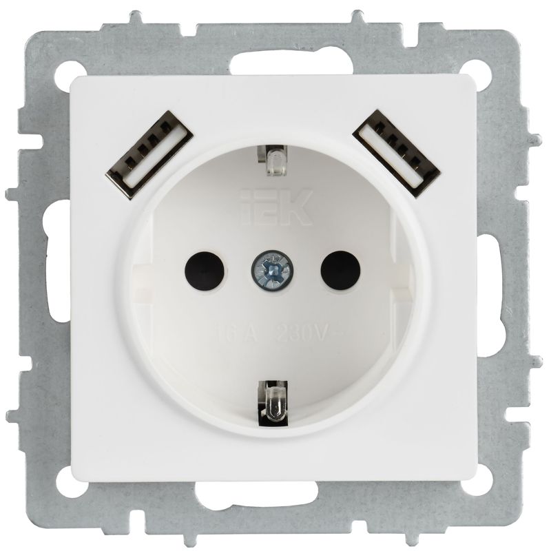 BRITE Розетка 1-местная с заземлением с защитными шторками 16А с USB A+A 5В 3,1А РЮш10-2-БрАБ арктический белый IEK