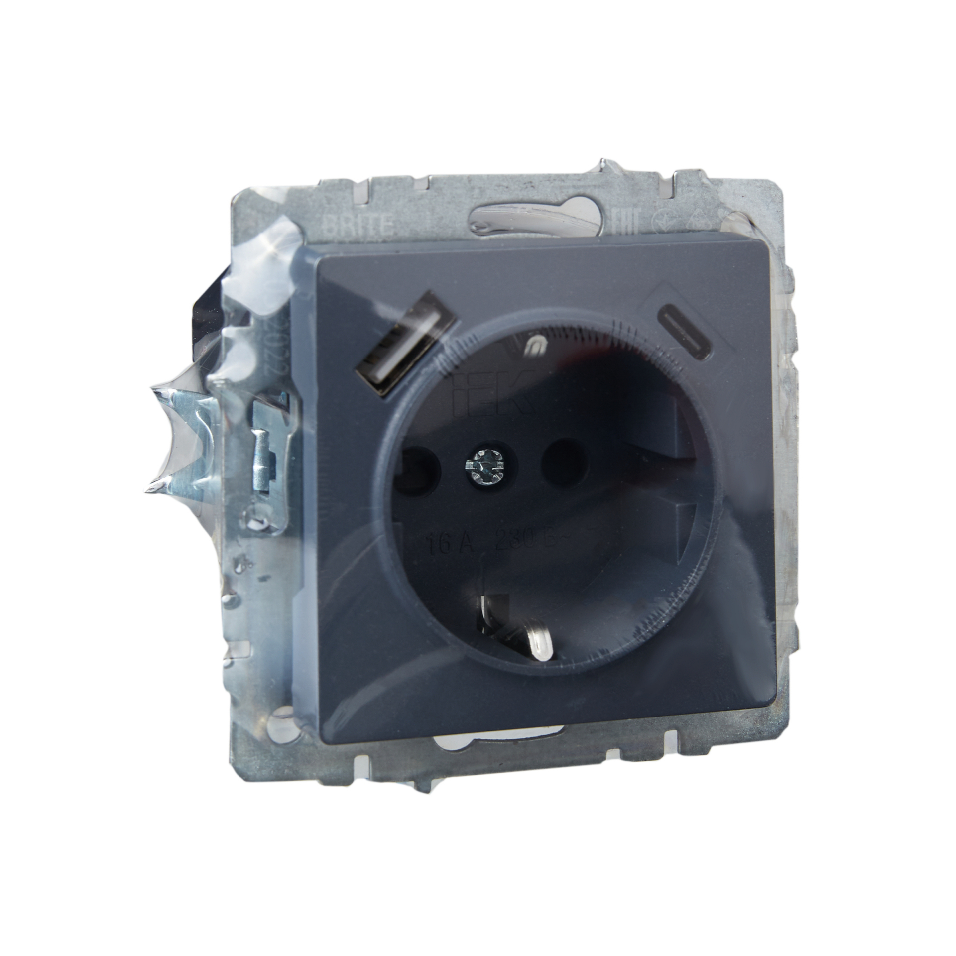BRITE Розетка 1-местная с заземлением с защитными шторками 16А с USB A+C 18Вт РЮш11-1-БрМ маренго IEK