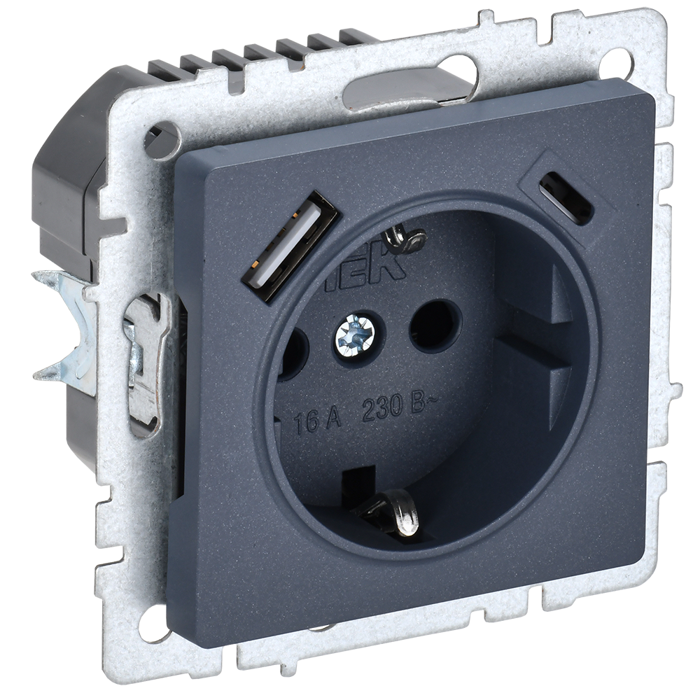 BRITE Розетка 1-местная с заземлением с защитными шторками 16А с USB A+C 18Вт РЮш11-1-БрМ маренго IEK