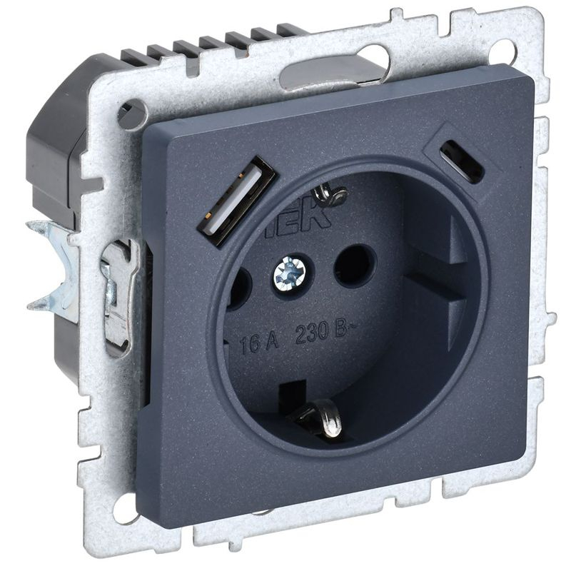 BRITE Розетка 1-местная с заземлением с защитными шторками 16А с USB A+C 18Вт РЮш11-1-БрМ маренго IEK