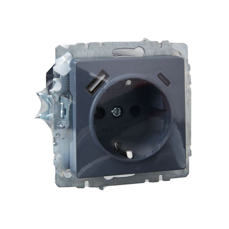 BRITE Розетка 1-местная с заземлением с защитными шторками 16А с USB A+C 18Вт РЮш11-1-БрМ маренго IEK