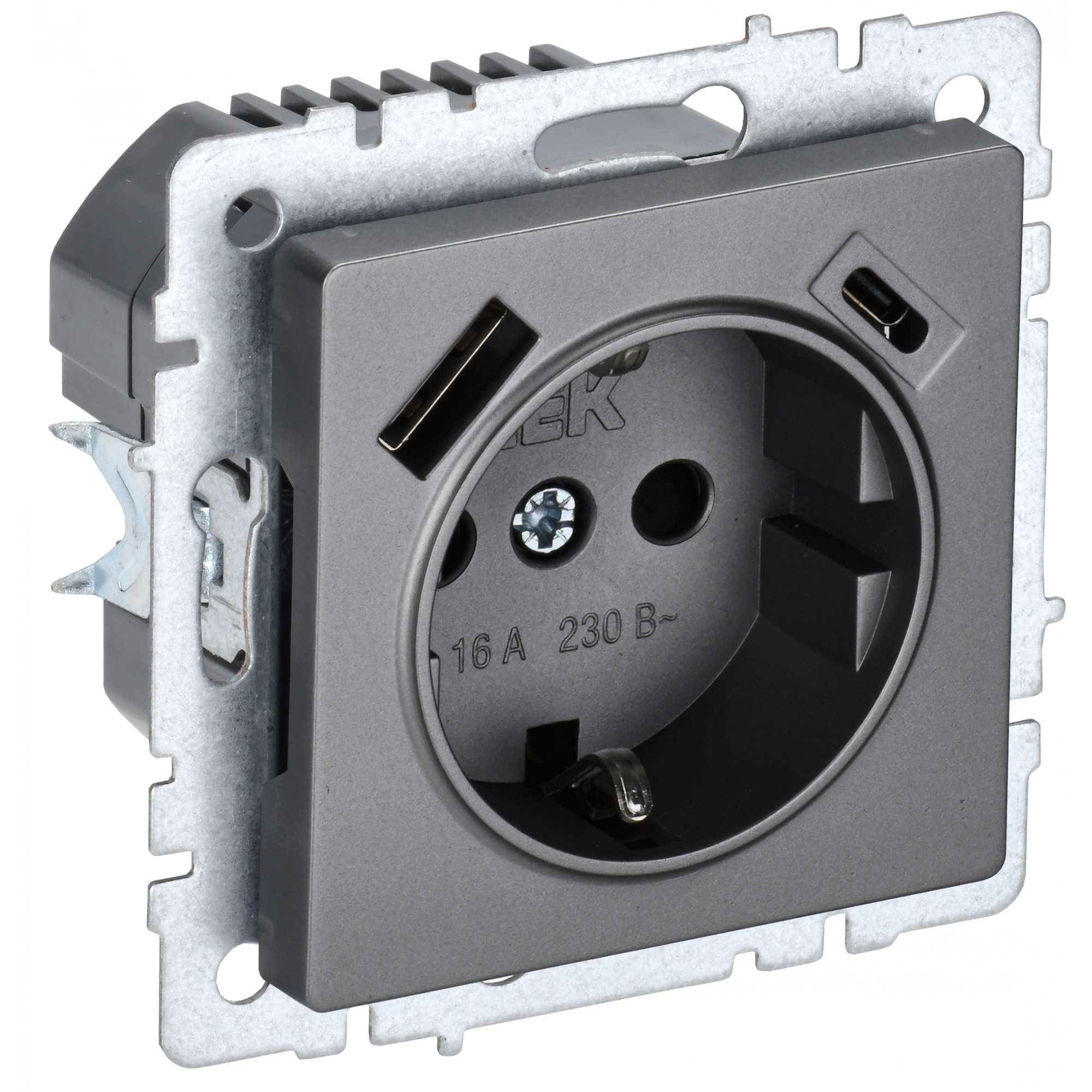 BRITE Розетка 1-местная с заземлением с защитными шторками 16А с USB A+C 18Вт РЮш11-1-БрС сталь IEK