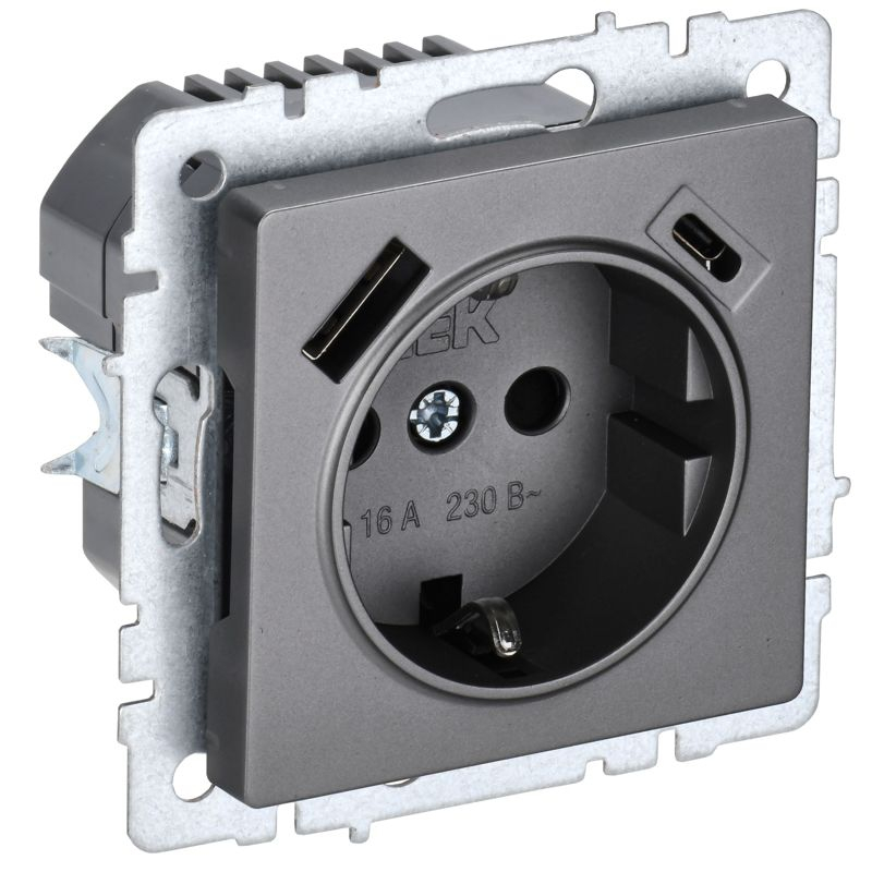 BRITE Розетка 1-местная с заземлением с защитными шторками 16А с USB A+C 18Вт РЮш11-1-БрС сталь IEK
