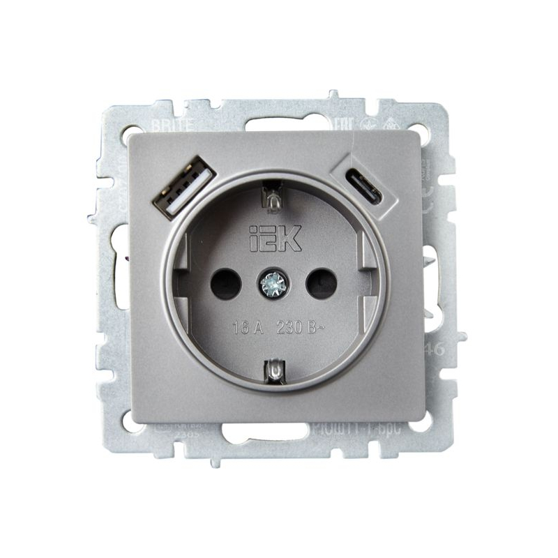 BRITE Розетка 1-местная с заземлением с защитными шторками 16А с USB A+C 18Вт РЮш11-1-БрС сталь IEK