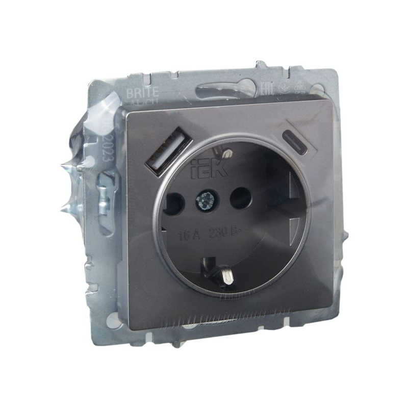 BRITE Розетка 1-местная с заземлением с защитными шторками 16А с USB A+C 18Вт РЮш11-1-БрС сталь IEK