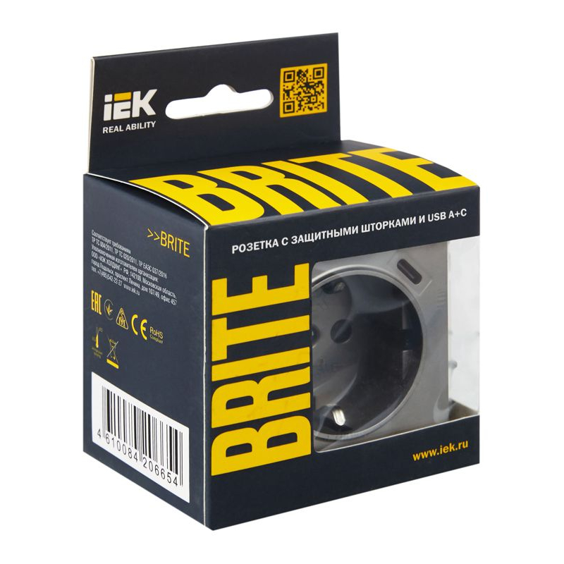 BRITE Розетка 1-местная с заземлением с защитными шторками 16А с USB A+C 18Вт РЮш11-1-БрС сталь IEK