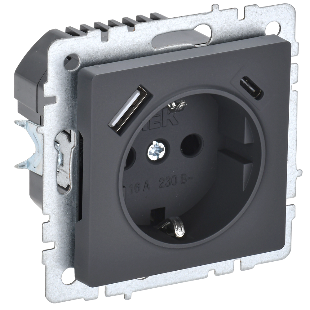 BRITE Розетка 1-местная с заземлением с защитными шторками 16А с USB A+C 18Вт РЮш11-1-БрГ графит IEK