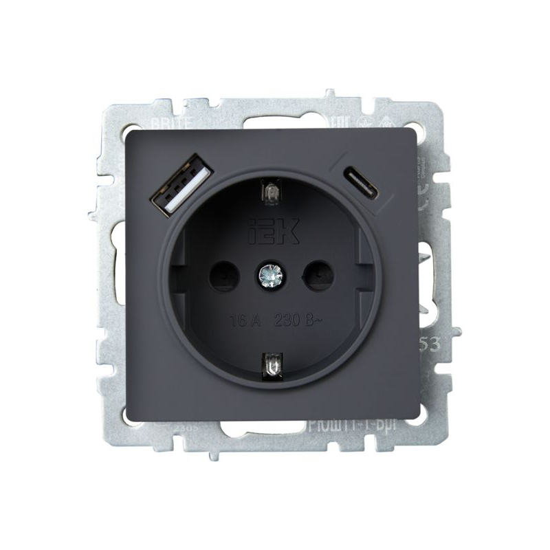 BRITE Розетка 1-местная с заземлением с защитными шторками 16А с USB A+C 18Вт РЮш11-1-БрГ графит IEK
