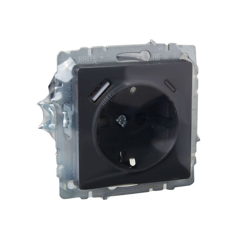 BRITE Розетка 1-местная с заземлением с защитными шторками 16А с USB A+C 18Вт РЮш11-1-БрГ графит IEK