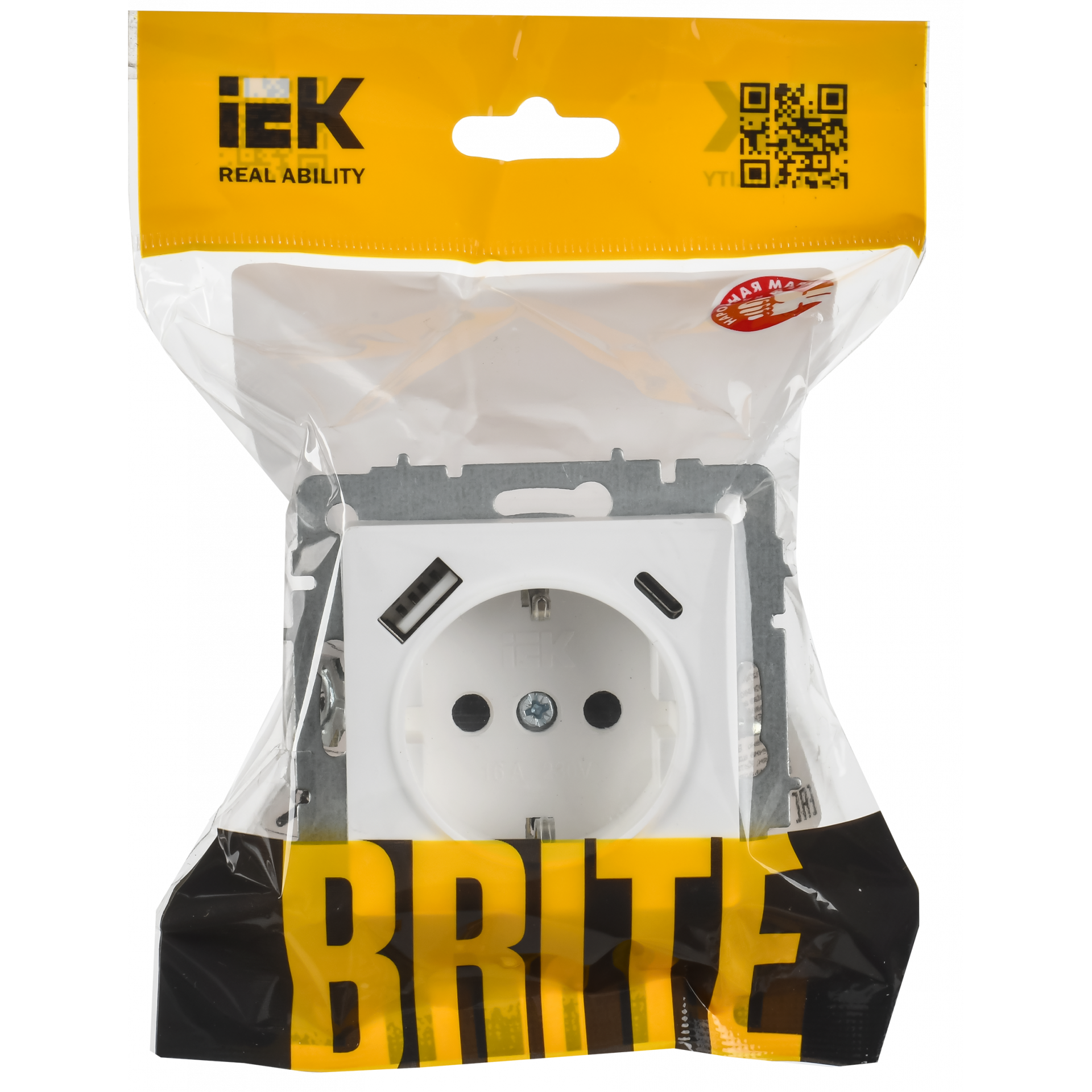 BRITE Розетка 1-местная с заземлением с защитными шторками 16А с USB A+C 18Вт РЮш11-1-БрАБ арктический белый IEK