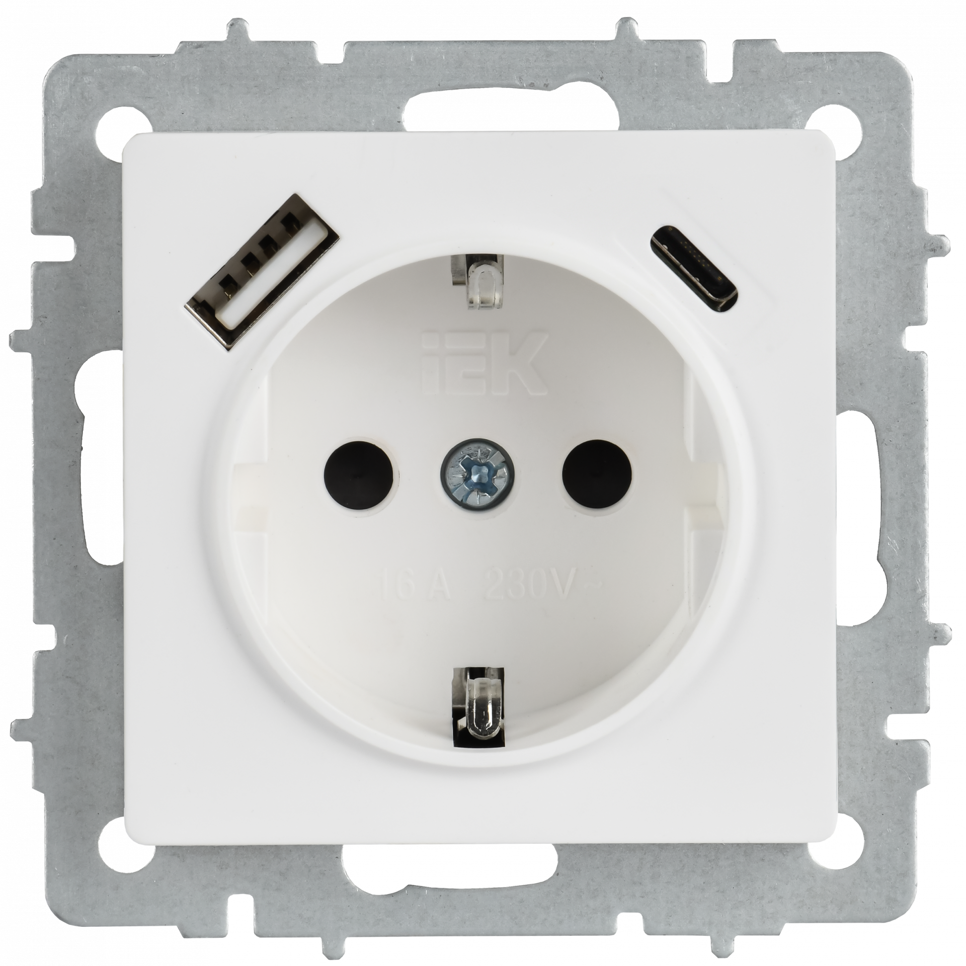 BRITE Розетка 1-местная с заземлением с защитными шторками 16А с USB A+C 18Вт РЮш11-1-БрАБ арктический белый IEK