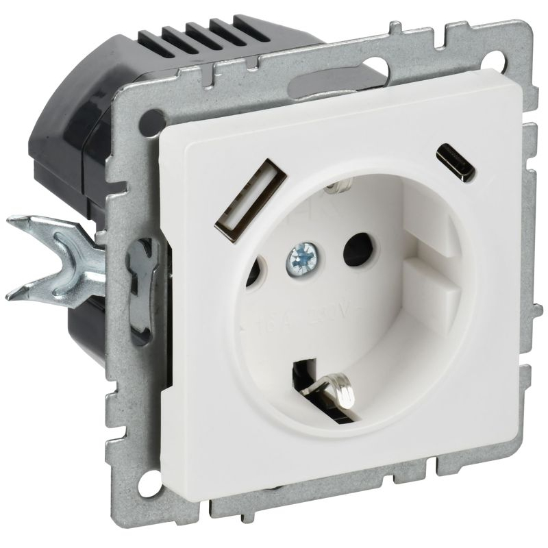 BRITE Розетка 1-местная с заземлением с защитными шторками 16А с USB A+C 18Вт РЮш11-1-БрАБ арктический белый IEK