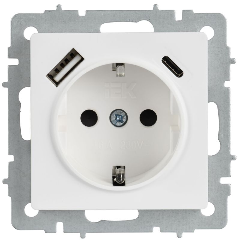 BRITE Розетка 1-местная с заземлением с защитными шторками 16А с USB A+C 18Вт РЮш11-1-БрАБ арктический белый IEK