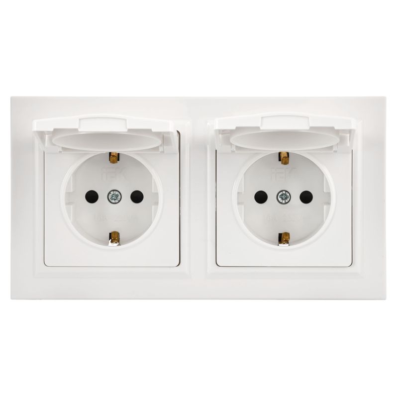 BRITE Комплект 1-местная с заземлением с защитными шторками и крышкой 16А IP44 2 штуки в сборе с двойной рамкой РСбш10-3-44-БрБ белый