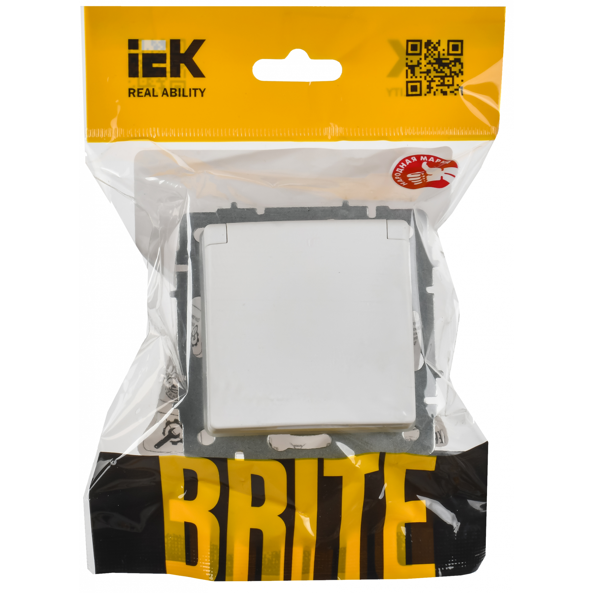 BRITE Розетка 1-местная с заземлением с защитными шторками и крышкой 16А IP44 РСбш10-3-44-БрАБ арктический белый IEK