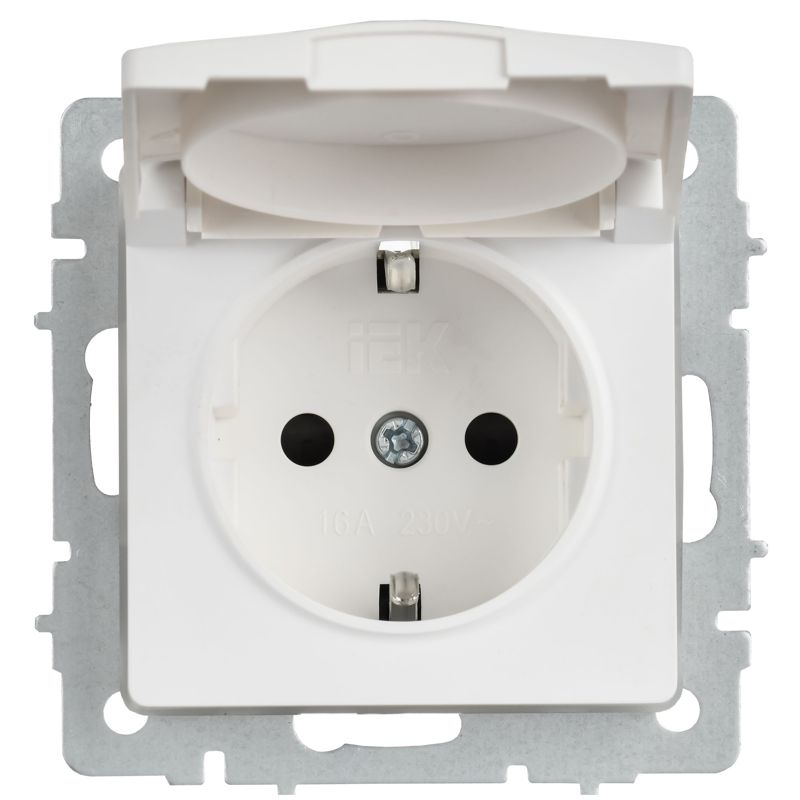 BRITE Розетка 1-местная с заземлением с защитными шторками и крышкой 16А IP44 РСбш10-3-44-БрАБ арктический белый IEK