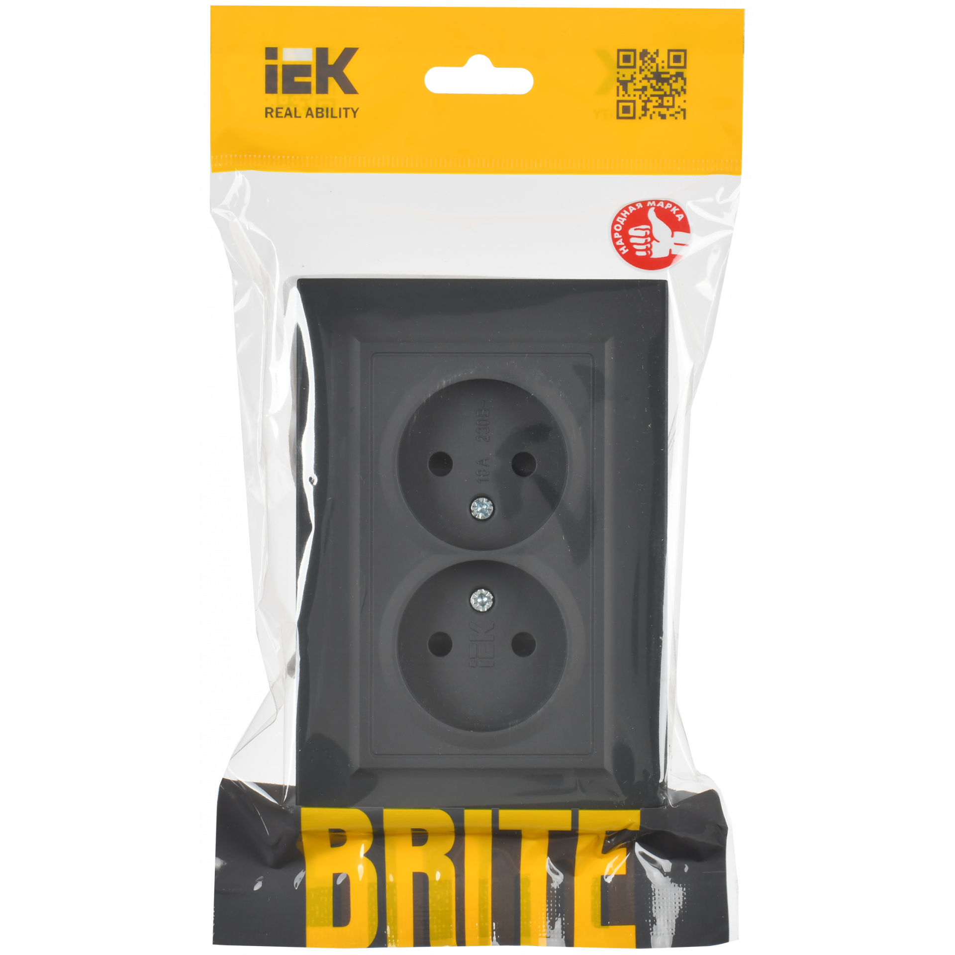 BRITE Розетка 2-местная без заземления с защитными шторками 10А в сборе РСш12-2-БрГ графит IEK