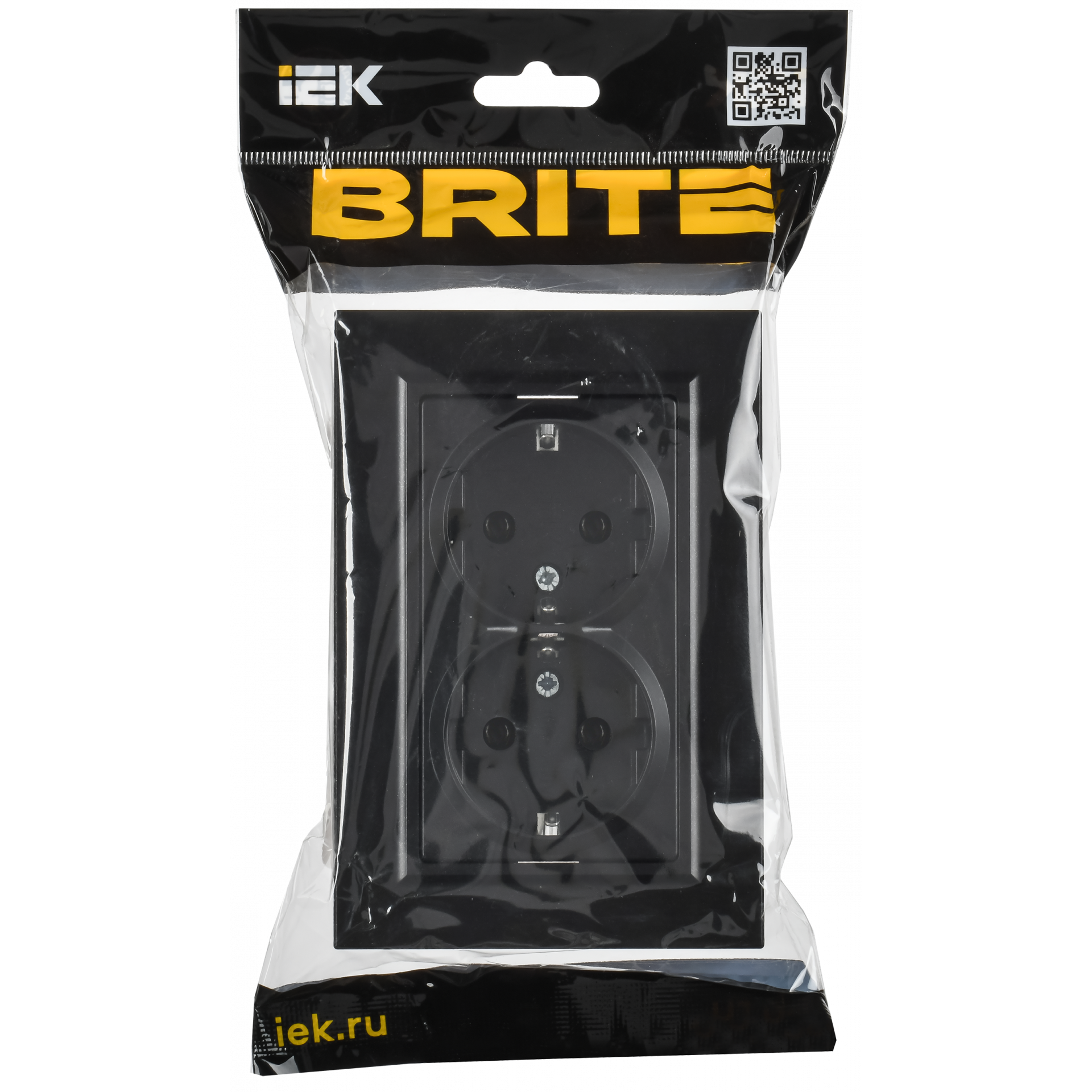 BRITE Розетка 2-местная с заземлением без защитных шторок плоская 16А в сборе РСПл12-3-БрЧ черный IEK