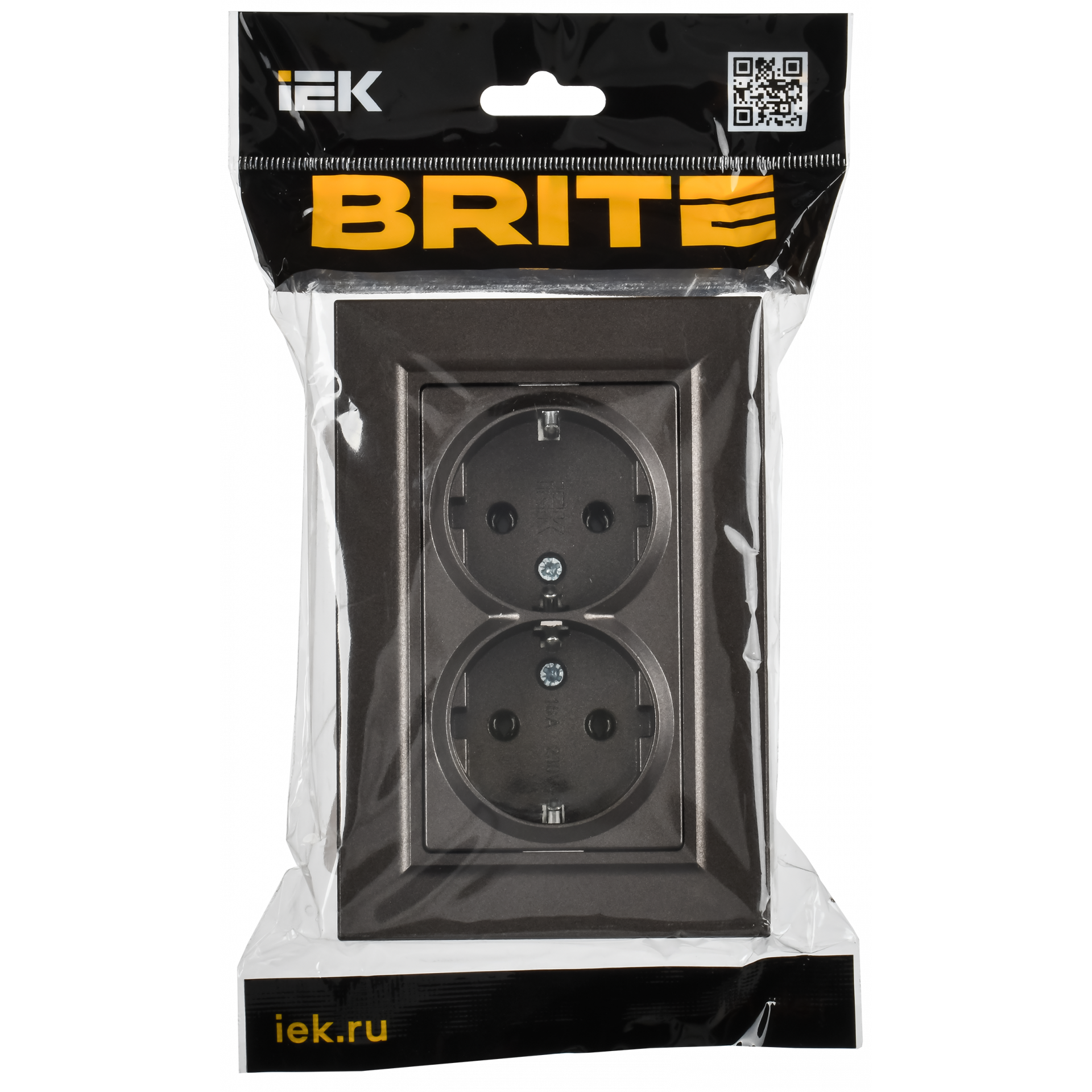 BRITE Розетка 2-местная с заземлением без защитных шторок плоская 16А в сборе РСПл12-3-БрТБ темная бронза IEK