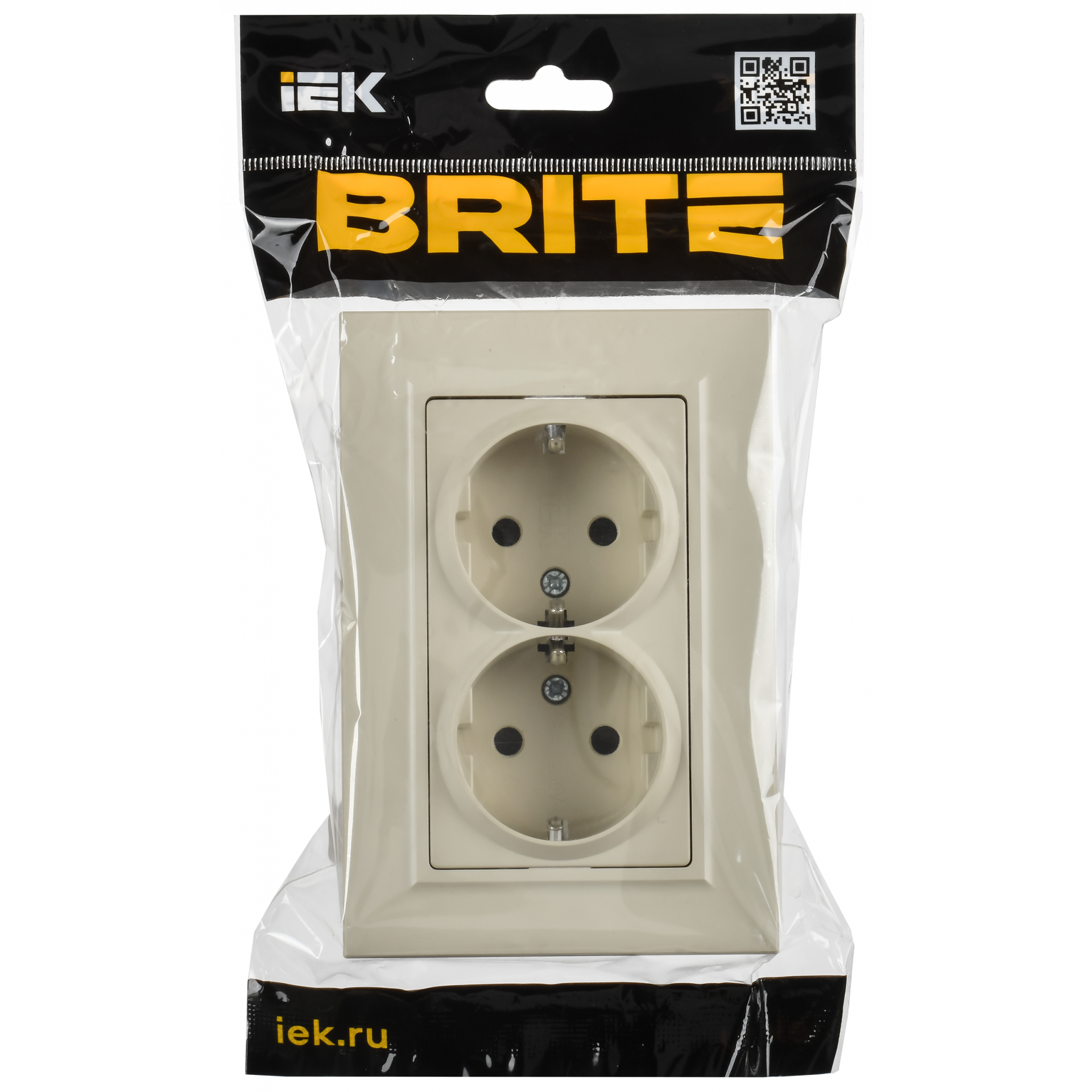 BRITE Розетка 2-местная с заземлением с защитными шторками плоская 16А в сборе РСшПл12-3-БрКр бежевый IEK