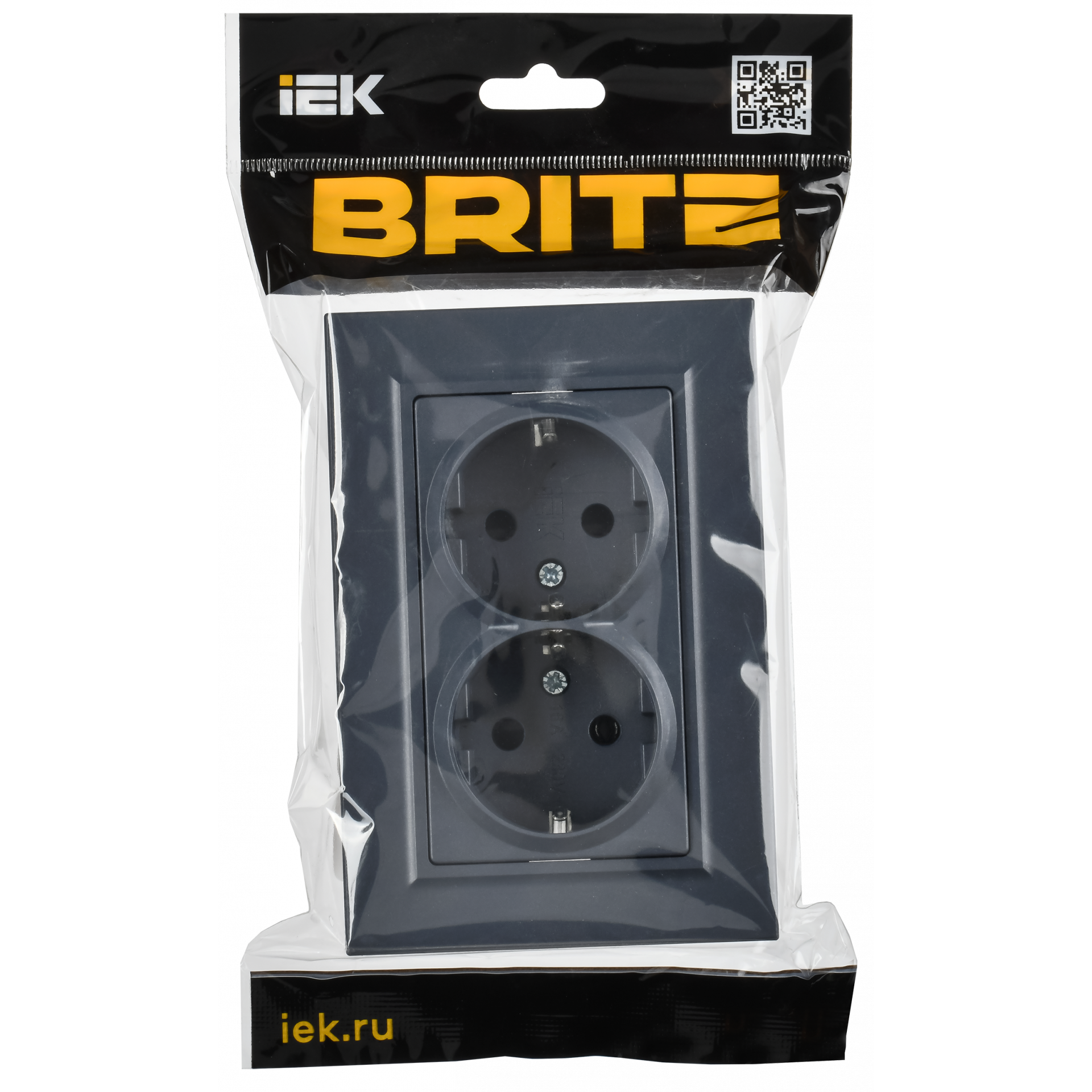 BRITE Розетка 2-местная с заземлением с защитными шторками плоская 16А в сборе РСшПл12-3-БрМ маренго IEK