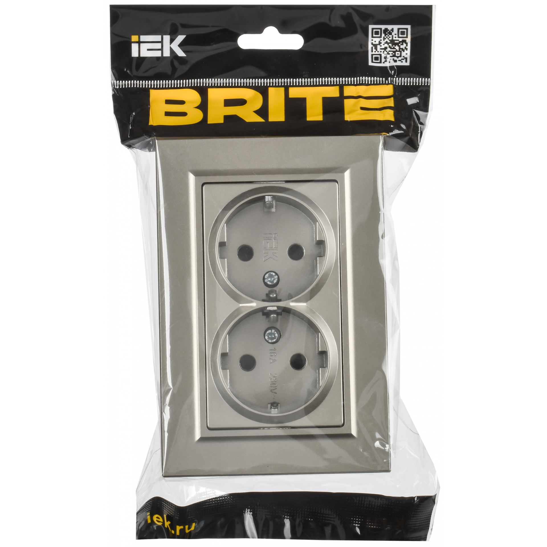 BRITE Розетка 2-местная с заземлением с защитными шторками плоская 16А в сборе РСшПл12-3-БрШ шампань IEK
