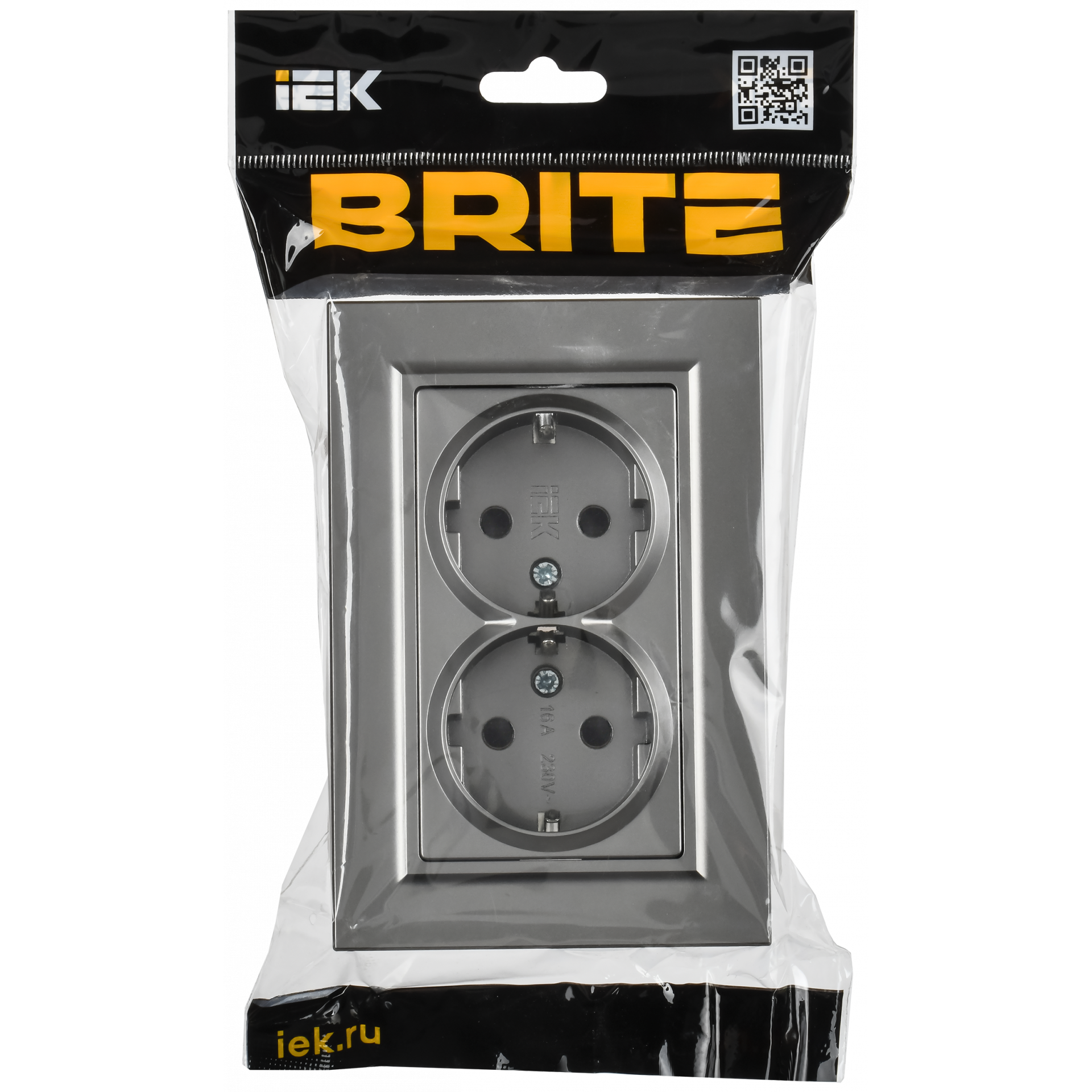 BRITE Розетка 2-местная с заземлением с защитными шторками плоская 16А в сборе РСшПл12-3-БрС сталь IEK