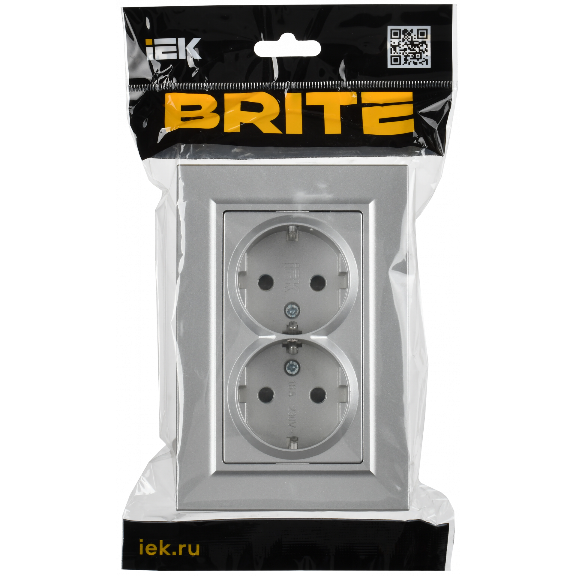 BRITE Розетка 2-местная с заземлением с защитными шторками плоская 16А в сборе РСшПл12-3-БрА алюминий IEK