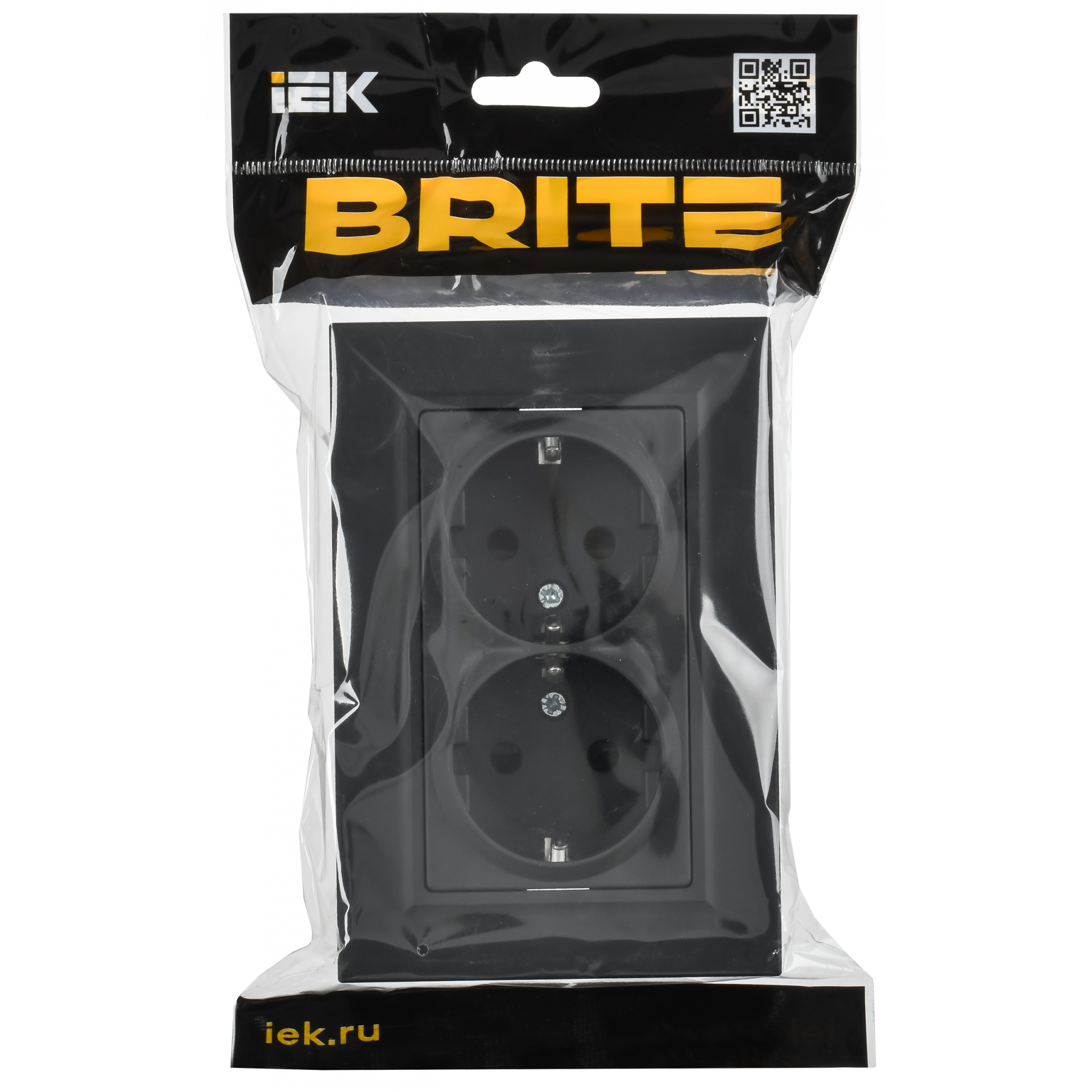 BRITE Розетка 2-местная с заземлением с защитными шторками плоская 16А в сборе РСшПл12-3-БрГ графит IEK