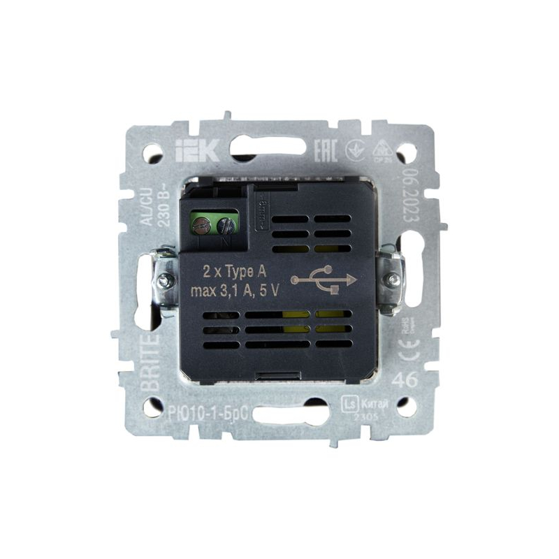 BRITE Розетка USB A+A 5В 3,1А РЮ10-1-БрС сталь IEK