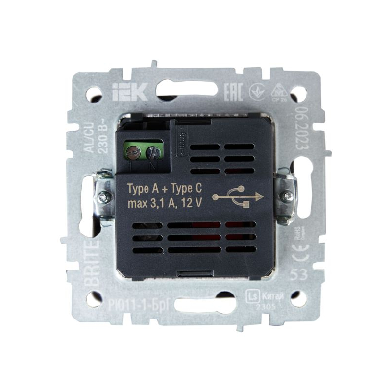 BRITE Розетка USB A+C 18Вт РЮ11-1-БрГ графит IEK