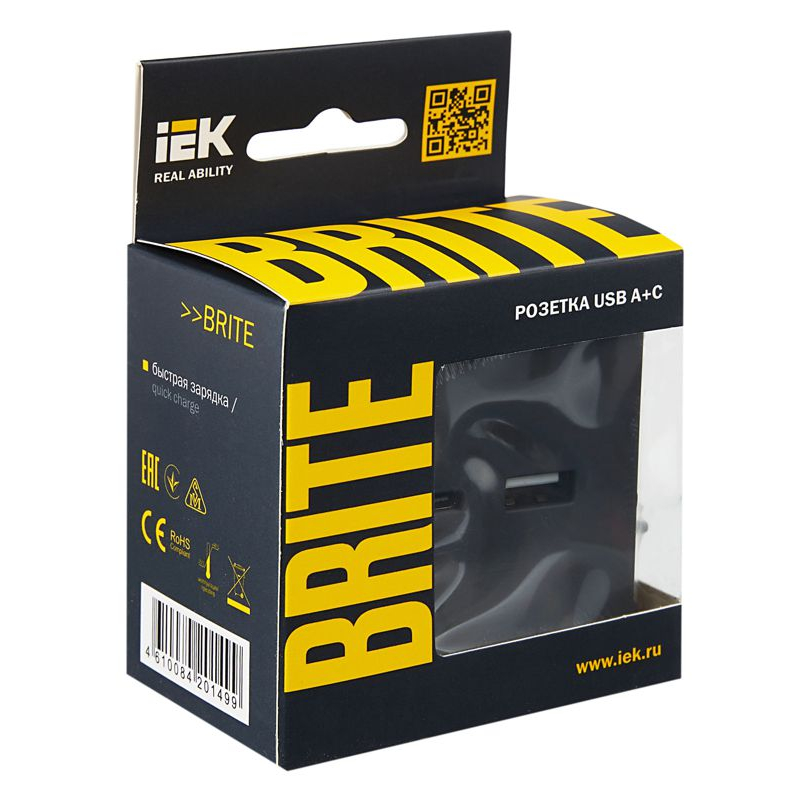 BRITE Розетка USB A+C 18Вт РЮ11-1-БрГ графит IEK